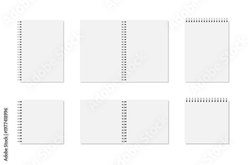 Set of white realistic notebook opened and closed with soft shadows. Vector vertical and square blank copybook with silver metallic binding spiral on white background. Mockup of organizer isolated