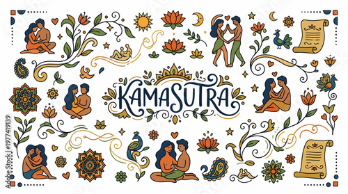 Kamasutra Couple Poses & Indian Ornate Motifs