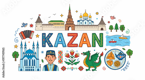 Kazan Cityscape Illustration with Landmarks and Symbols