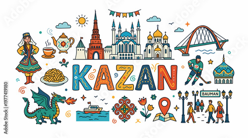 Kazan City Landmarks and Culture Doodle Art