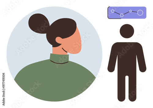 Data analytics, user demographics, gender identity, human , behavioral studies, digital trends. Graphic showing a human profile, symbol and chart. Data analytics and user demographics concept