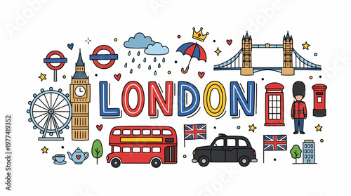 London Icons Doodle - Big Ben, Bus, Tower Bridge, Taxi