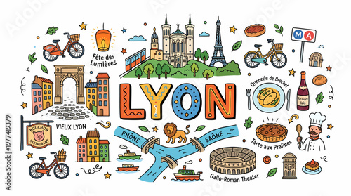 Lyon France Cityscape Doodle Art - Landmarks & Culture
