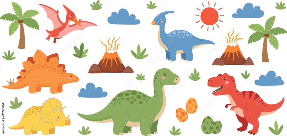 Fototapeta premium Colorful Dinosaur Set with Pterodactyl, Stegosaurus, Triceratops, Volcano, and Dinosaur Eggs for Kids' Illustrations