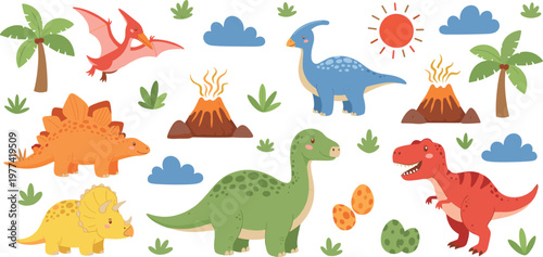 Colorful Dinosaur Set with Pterodactyl, Stegosaurus, Triceratops, Volcano, and Dinosaur Eggs for Kids' Illustrations