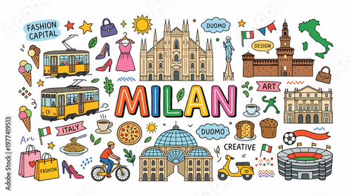 Milan Doodle Art: Landmarks, Fashion, Food, Italy Travel