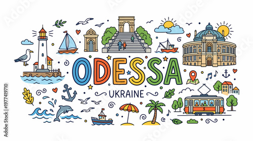 Odessa Ukraine Cityscape Doodle Art - Travel Landmark Collection