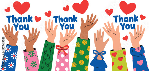Diverse Hands Raised with Thank You Text and Hearts Vector for Community and Volunteer Support