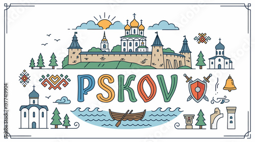Pskov Cityscape - Landmark Illustration with Kremlin and River