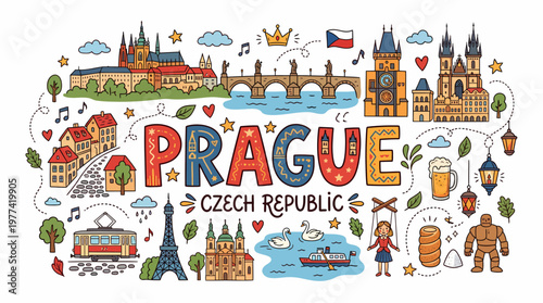 Prague Czech Republic Travel Illustration - Cityscape Doodle