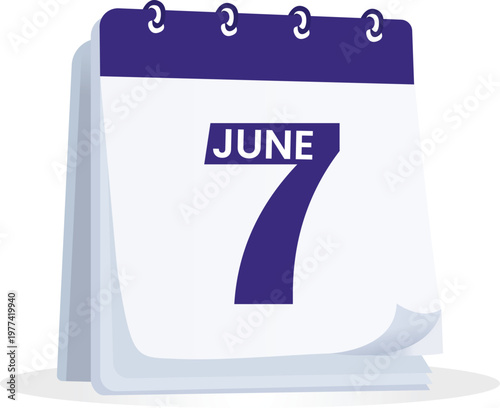 June 7 Calendar Icon with Purple Desk Flip Design, Minimal Date Reminder Illustration for Schedule Planning, Event Organizer Concept, Clean Modern Vector Style