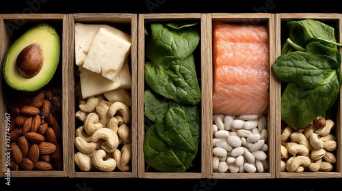 Nutritional Showcase: A curated display of nutrient-rich ingredients arranged within wooden boxes, spotlighting the building blocks of a healthy diet.
