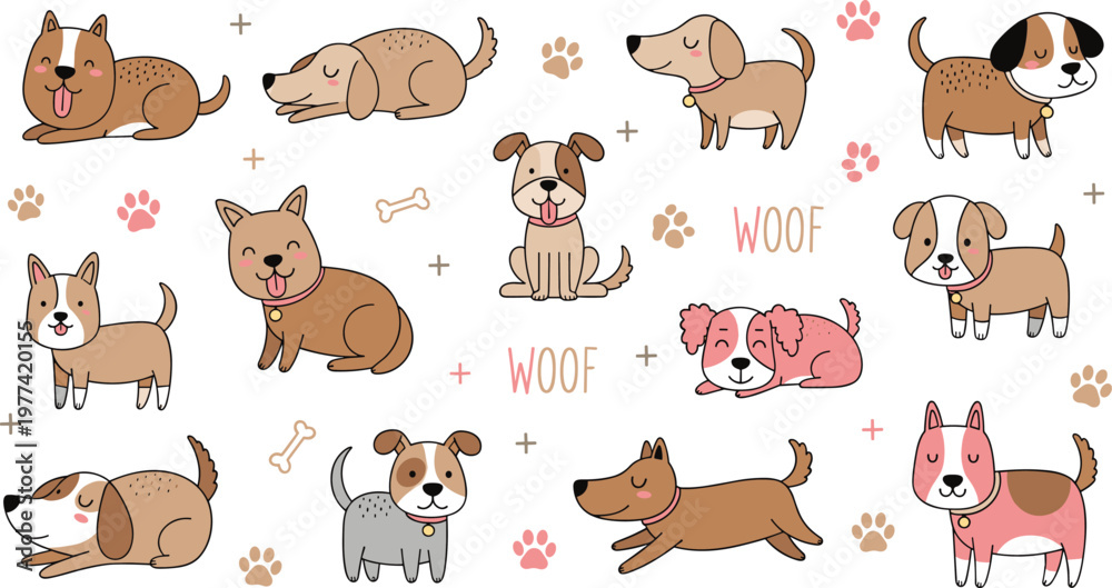 Fototapeta premium Cute Cartoon Dog Icon Set Featuring Various Breeds, Paws, Bones, and 