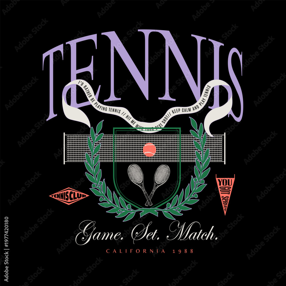 Fototapeta premium Tennis Patch Artwork College Vibes. Tennis Game Embroidery design. T shirt, Sweatshirt and any sporty clothing perfect this graphic. 
