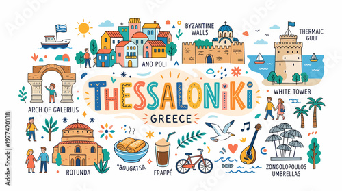Thessaloniki Greece Landmarks and Attractions - Vector Illustration