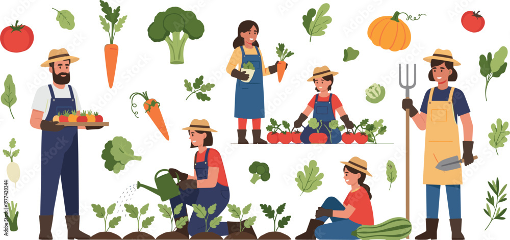 Fototapeta premium Set of 7 Gardening Illustrations Featuring Farmers, Vegetables, and Harvesting Activities for Nature and Agriculture Designs