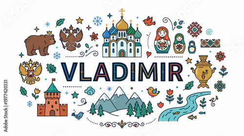 Vladimir Russia Icons: Bear, Matryoshka, Kremlin, Samovar