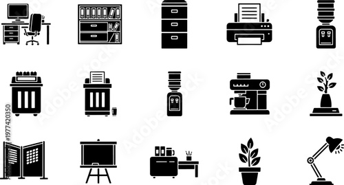 Professional Office Equipment and Furniture Glyph Icon Set