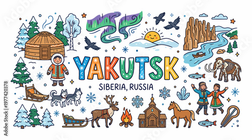 Yakutsk Siberia Russia Doodle Collection - Winter Travel Elements