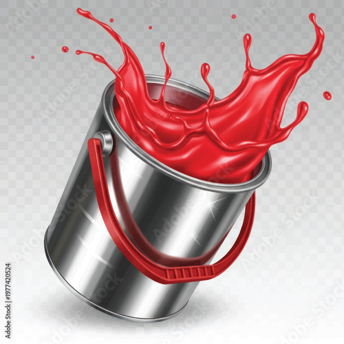 Metal paint bucket releasing vivid red paint with dynamic splash against a dotted background.