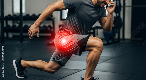 Man with hip pain during lunge exercise in gym. Gluteal muscle or hip joint injury, highlighted in red. Fitness workout discomfort.