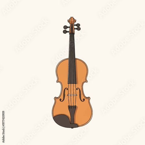 Whimsical illustration of a violin instrument with graceful curves and strings.