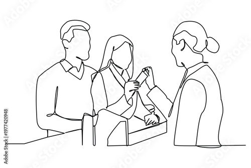 Continuous one line art of a female receptionist is giving cards to a husband and wife visitor. Receptionist Day.