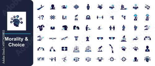 A conceptual illustration depicting Morality and Choice with various symbolic icons.