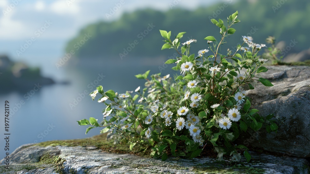Naklejka premium Tranquil Lakeside Bloom: Delicate wildflowers, their petals catching the soft light, flourish on a rugged cliffside overlooking a serene lake. A testament to nature's resilience and beauty.