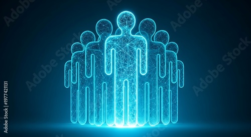 A glowing network of interconnected human figures against a dark blue gradient background