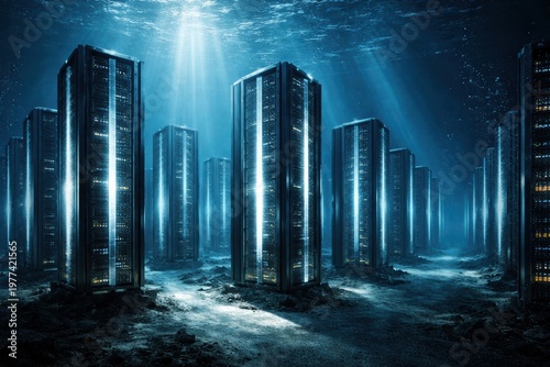 Futuristic city skyline with glowing glass skyscrapers and dramatic blue lighting at dusk