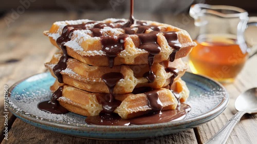 Stack of Belgian waffles with chocolate syrup