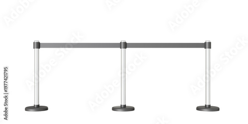 Quadro su tela Stanchion barrier hardware, three silver metal poles with black retractable belts, wide centered front view, isolated on transparent background, for queue management and public safety mockups