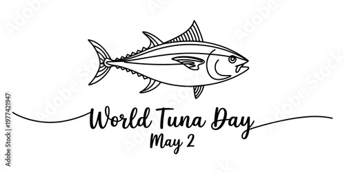 A black and white line art illustration representing the annual celebration of world tuna day. Vector, illustration