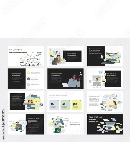 Overloaded workflow concept with laptop and notifications, multitasking stress, productivity burnout, flat vector illustration