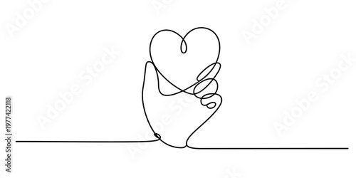 A minimalist single line drawing of a human hand gracefully holding a delicate heart symbol shape. Vector, illustration