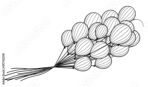 A minimalist line art illustration of a bunch of balloons in black and white
