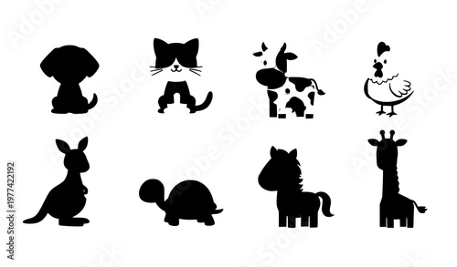 Cute animal set dog cat cow chicken kangaroo turtle horse giraffe vector illustration