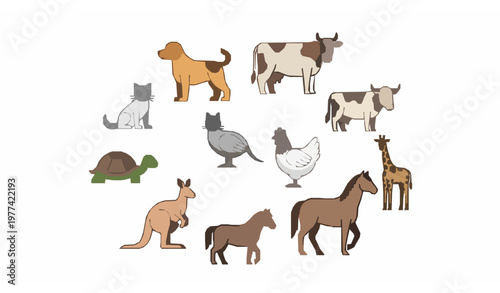 Animal icons collection dog cat cow chicken kangaroo turtle horse giraffe vector set