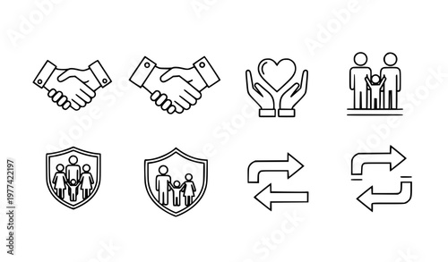A set of vector icons representing partnership, protection, and care