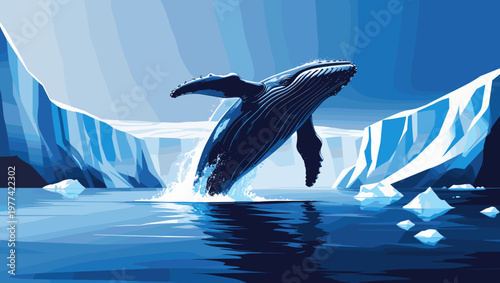 Humpback whale breaching in icy blue waters with icebergs