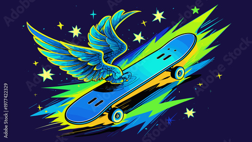 Stylized skateboard with colorful wing and cosmic background