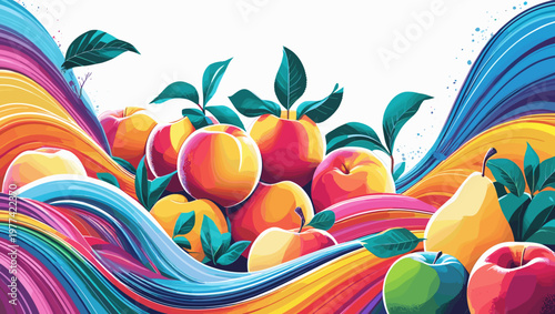 Colorful fruits with vibrant waves and tropical leaves in a lively composition