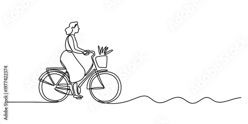 Minimalist one line drawing of a woman riding a bicycle with a basket of plants on the handlebar Vector, illustration