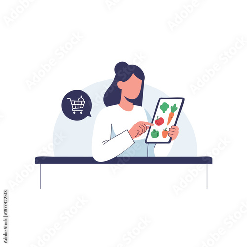 Woman ordering groceries online using a tablet device.