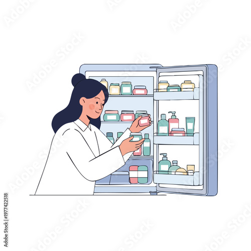Woman Organizing Skincare Products in Refrigerator.