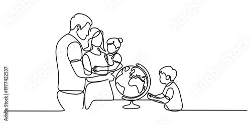 A single line drawing illustration of a happy family looking together at a world globe model map Vector, illustration