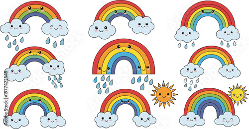Rainbow Weather Set with Clouds Rain and Sun Cute Cartoon Sky Collection Colorful Illustration Flat Design Isolated on White Background