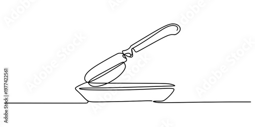 A single continuous line drawing of a butter knife resting on a small rectangular serving plate Vector, illustration