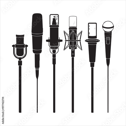 Variety of condenser and dynamic microphones silhouettes for audio production and singing.